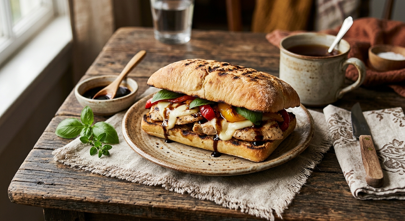 #1 Grilled Chicken, Peppers Mozzarella, Balsamic on Grilled Ciabatta