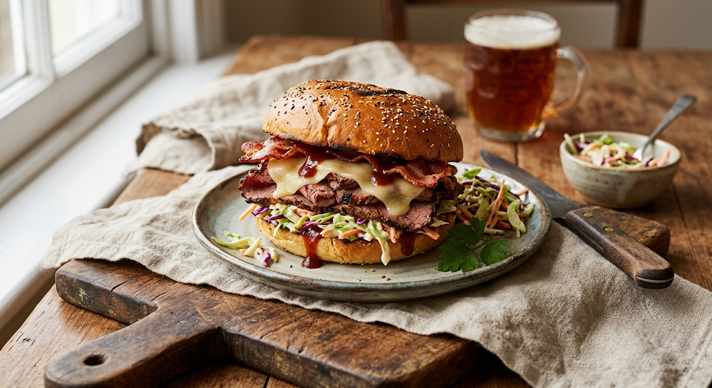 RoastBeef, Swiss, Bacon, coleslaw, BBQ sauce on a Roll