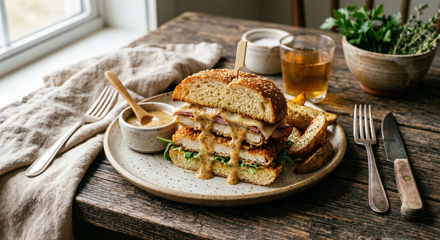 Breaded Chicken, Swiss, Ham and Homemade Honey Mustard on a roll
