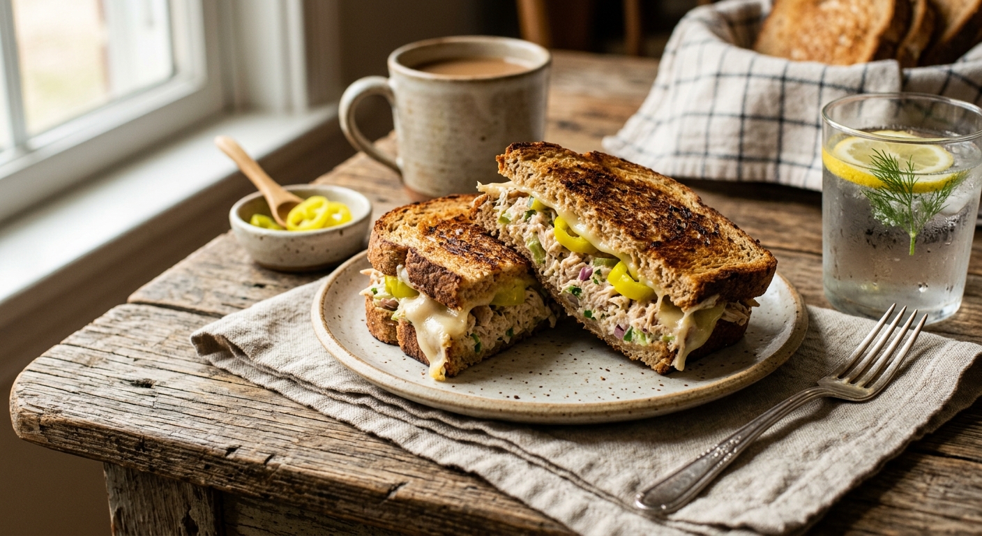Tuna, Provolone Melt on Wheat with Banana Peppers